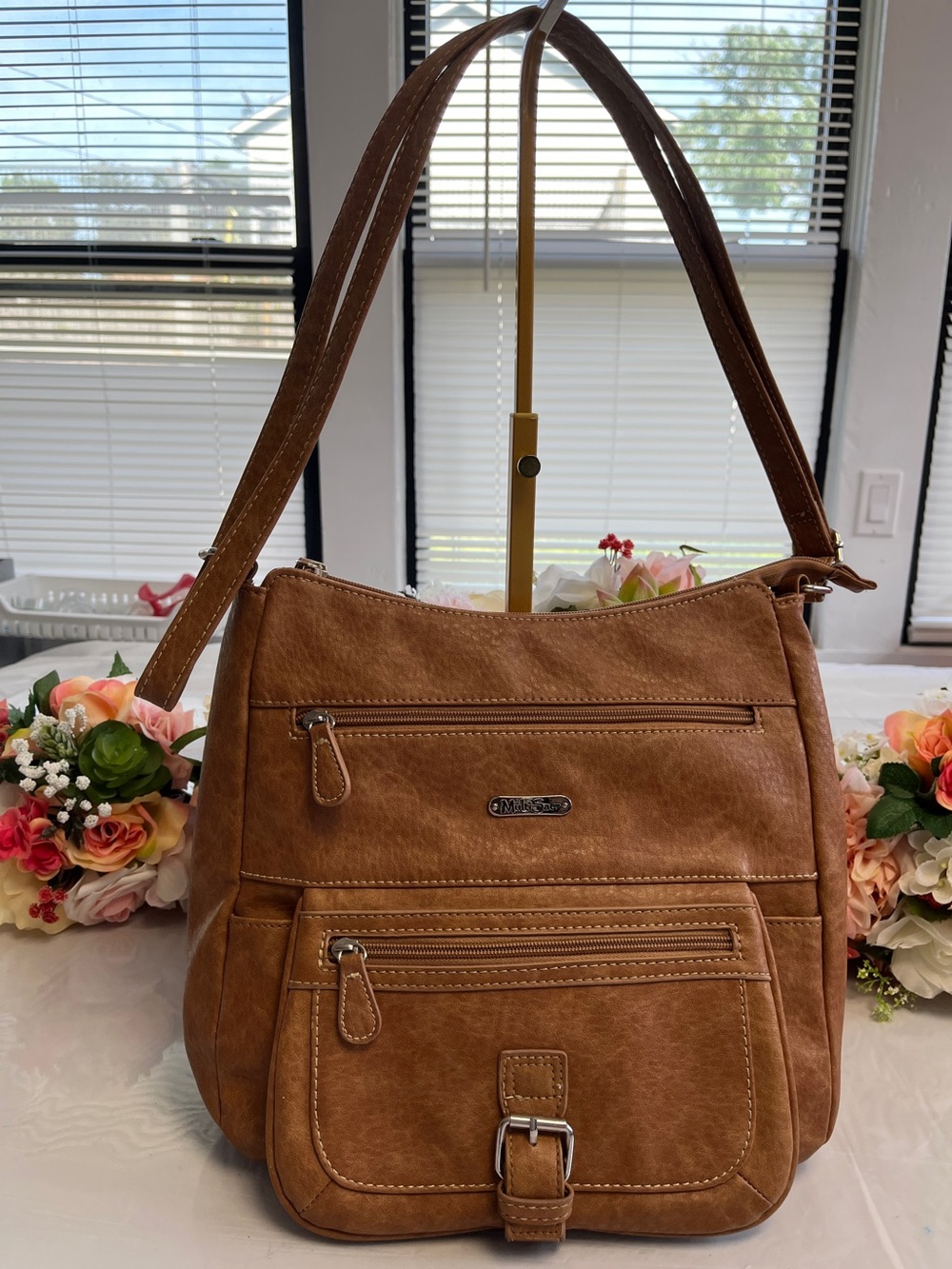 MultiSac Brown Multi-Pocket Shoulder Bag Organizer Faux Leather